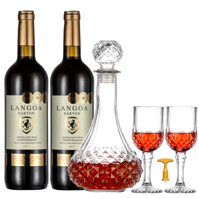 朗格巴顿金牌法国进口红酒14度干红葡萄酒750ml*2支装+1个醒酒器2个红酒杯1个开瓶器