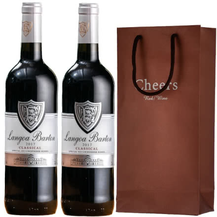 法国进口红酒14度朗格巴顿银牌特卖干红葡萄酒750ml*2瓶装+双支装礼袋可送礼