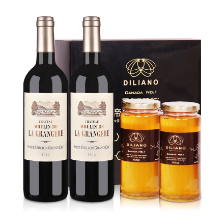 法国格朗磨坊酒庄2012干红葡萄酒750ml（双瓶装）+加拿大帝丽爱诺蜂蜜礼盒500g*2