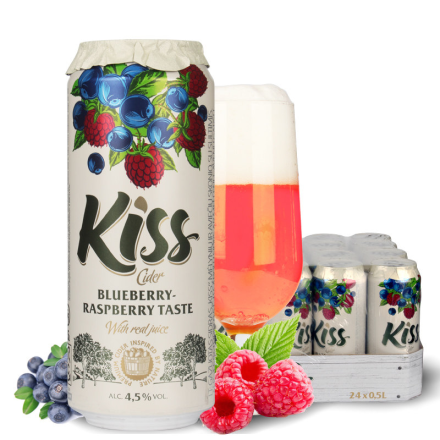进口果味啤酒kiss天使之吻蓝莓覆盆子混合果味啤酒500ML(24听装）