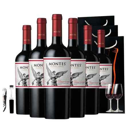 智利进口蒙特斯经典赤霞珠干红葡萄酒750ml*6 赠送2杯+开瓶器+酒塞+3个礼品袋