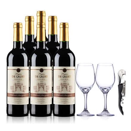 法国菈维干红葡萄酒750ml（6瓶装）+帝豪玻璃红酒杯315ml*2+嘉年华黑珍珠海马酒刀