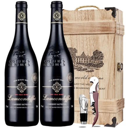 法国原酒进口红酒 圣图干红葡萄酒浮雕重型瓶双支礼盒木盒装750ml*2瓶