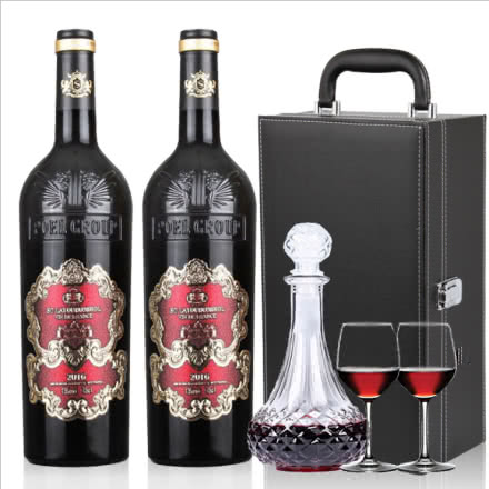 法国进口红酒 金属标雕花重型瓶珍藏干红葡萄酒 750ml双支醒酒器皮盒套装