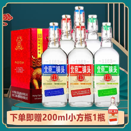 永丰牌北京二锅头清香型纯粮酒（出口型小方瓶）三色42度（礼盒装）500ml*6瓶