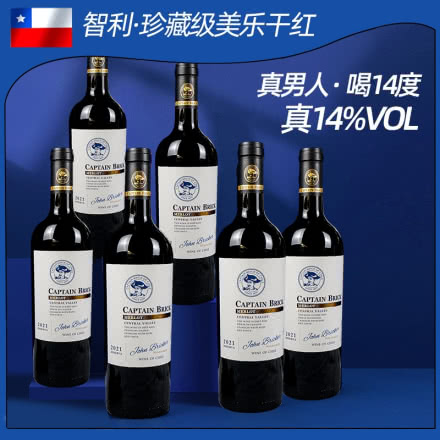 【高档礼盒装】智利进口红酒中央山谷产区BrIck船长珍藏美乐干红葡萄酒750mlx6